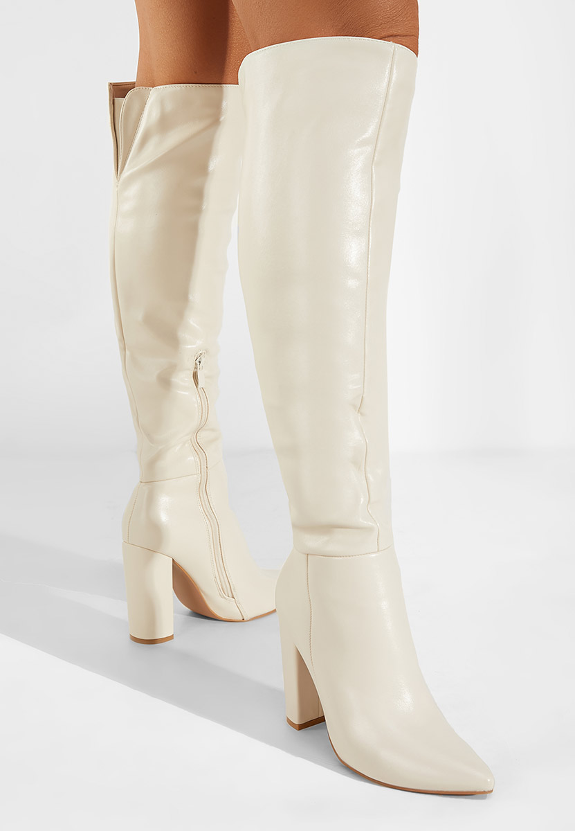 Beżowe kozaki za kolano na słupku Cailla