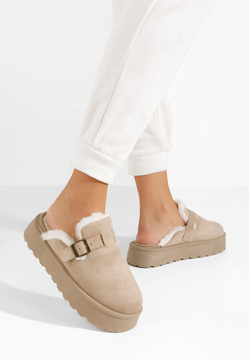 Khaki kapcie z futerkiem Aselda