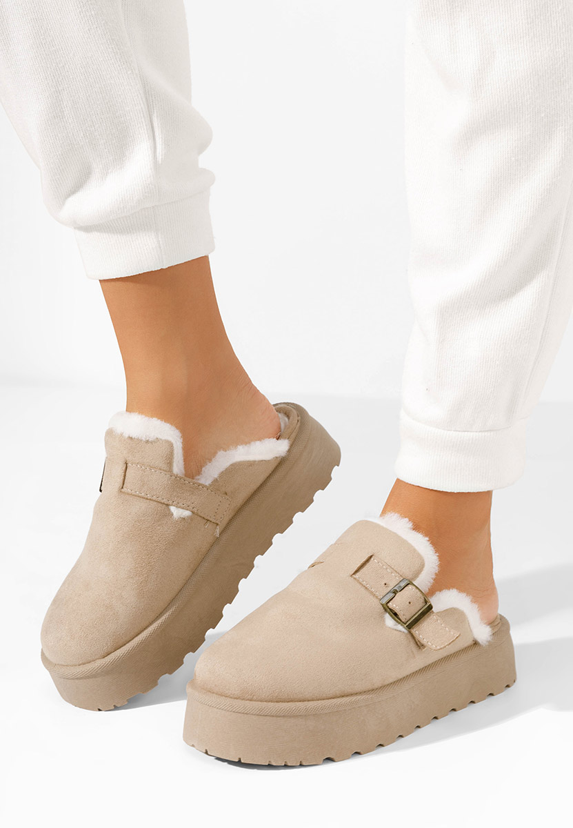 Khaki kapcie z futerkiem Aselda