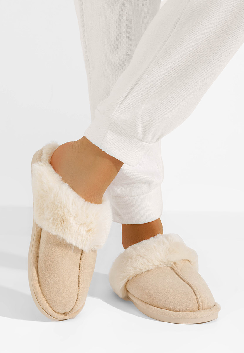 Beżowe kapcie z futerkiem Arielle