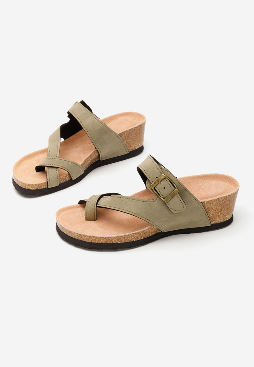 Khaki klapki na koturnie Wandana V2