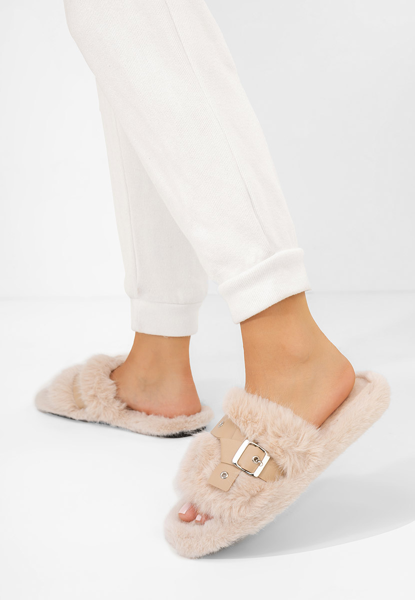 Beżowe klapki z futerkiem Arlete