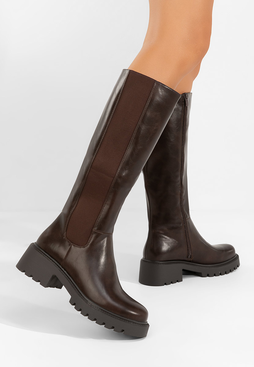 Brązowe kozaki za kolano płaskie Calipso
