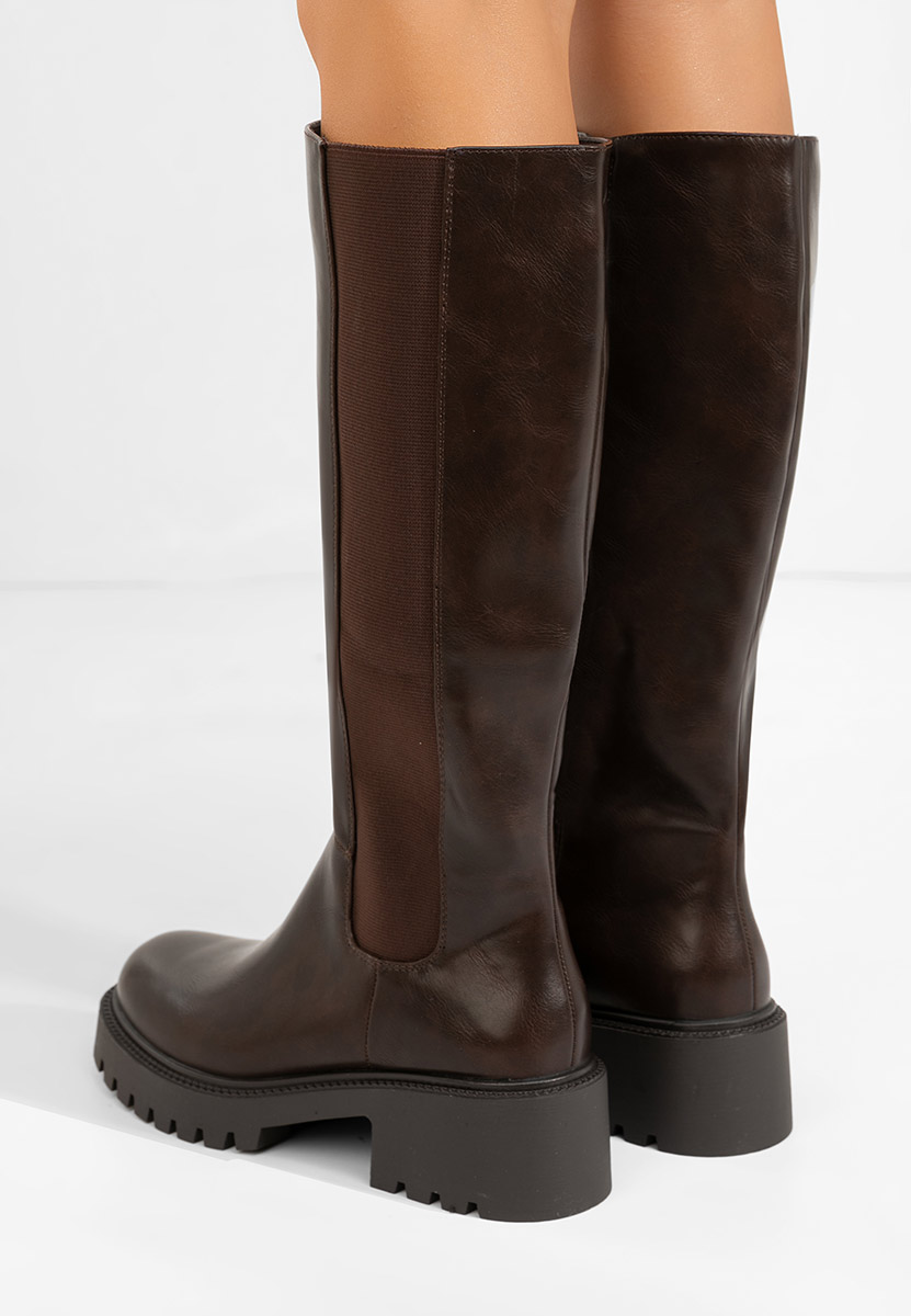 Brązowe kozaki za kolano płaskie Calipso