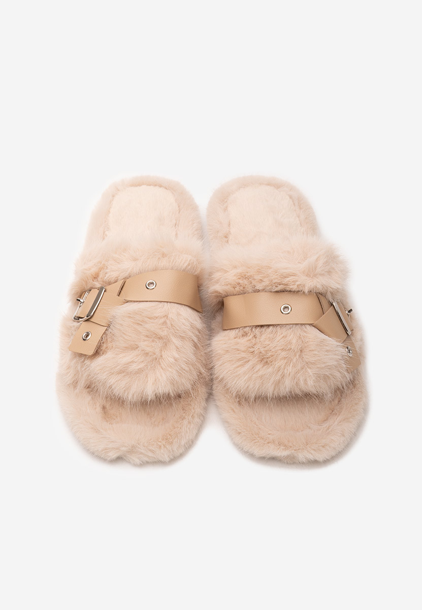 Beżowe klapki z futerkiem Arlete