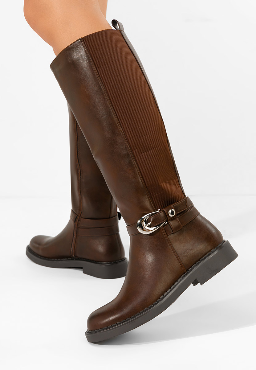 Brązowe kozaki za kolano płaskie Cevina