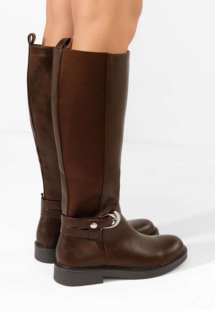 Brązowe kozaki za kolano płaskie Cevina