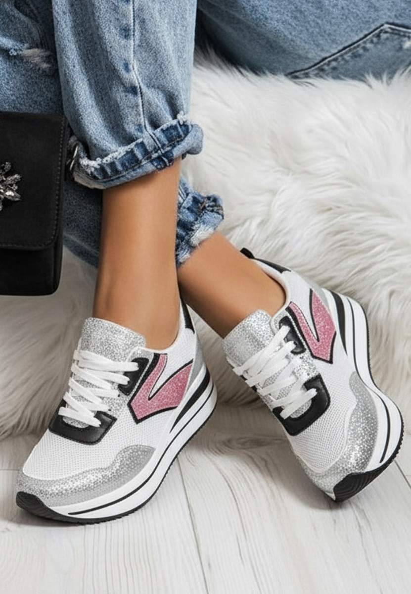 Srebrne sneakersy damskie na koturnie Tarika