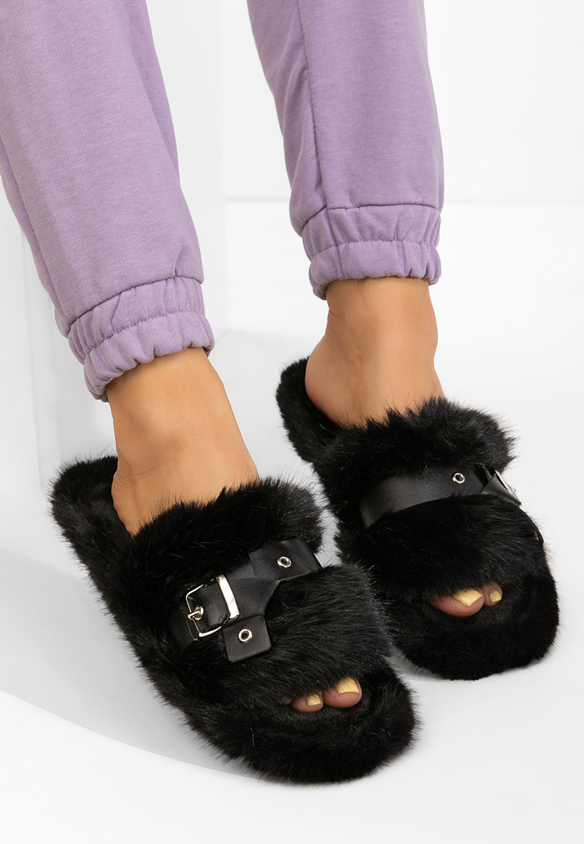 Czarne klapki z futerkiem Arlete