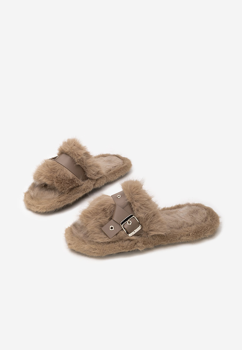 Khaki klapki z futerkiem Arlete