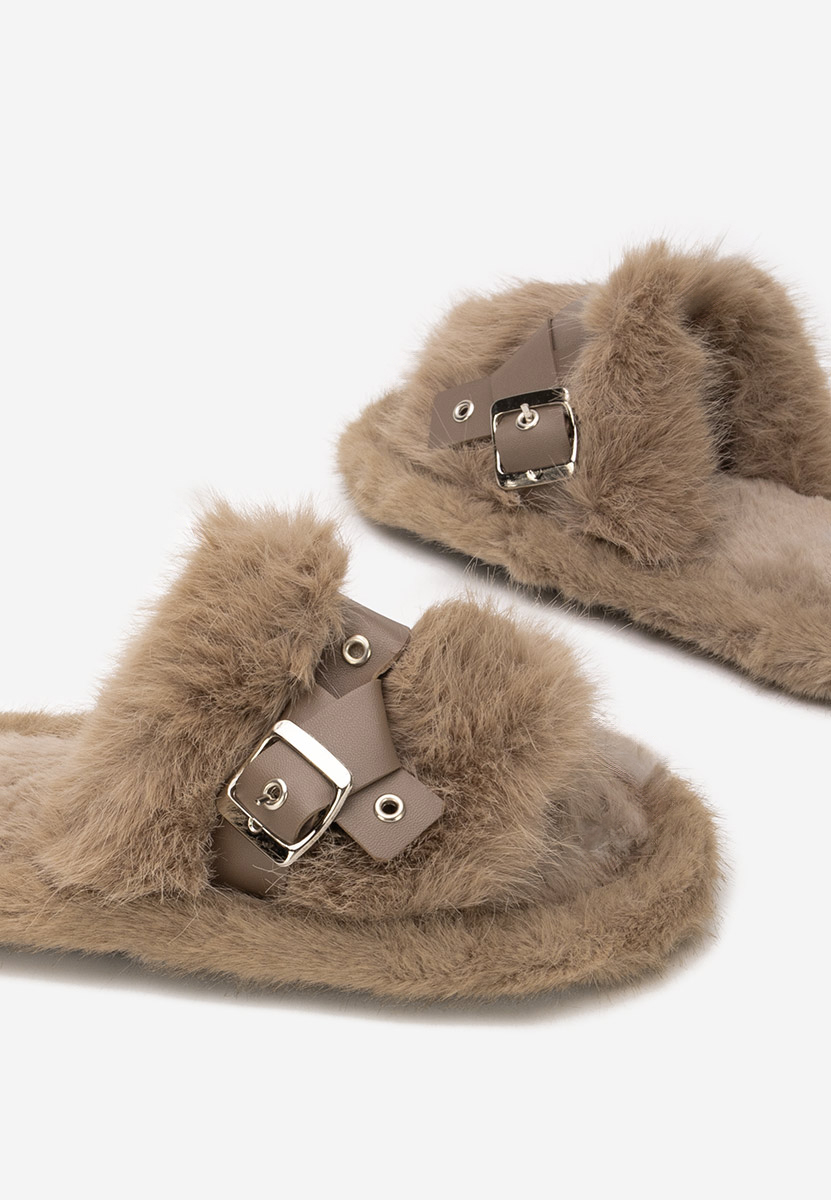 Khaki klapki z futerkiem Arlete