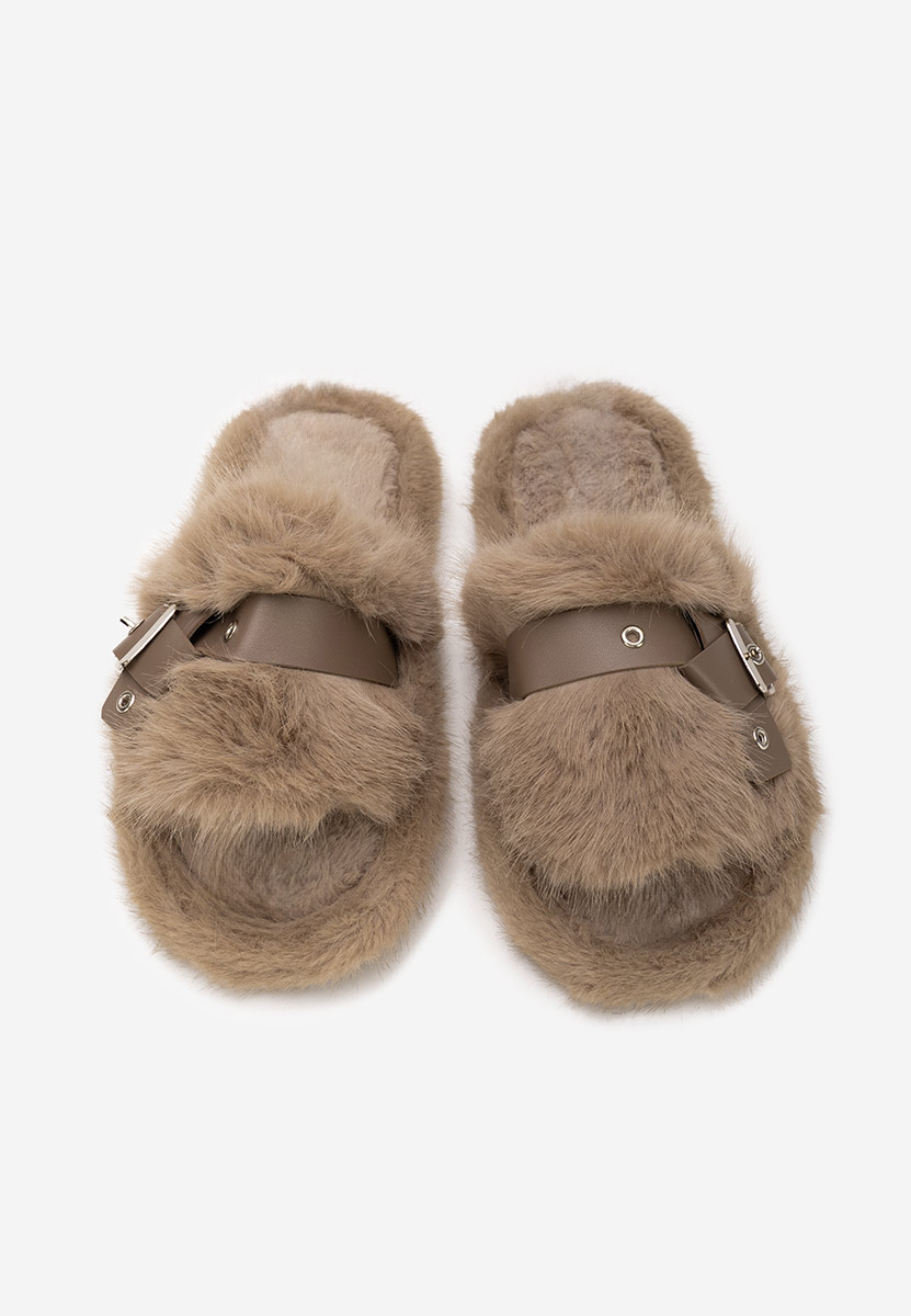 Khaki klapki z futerkiem Arlete