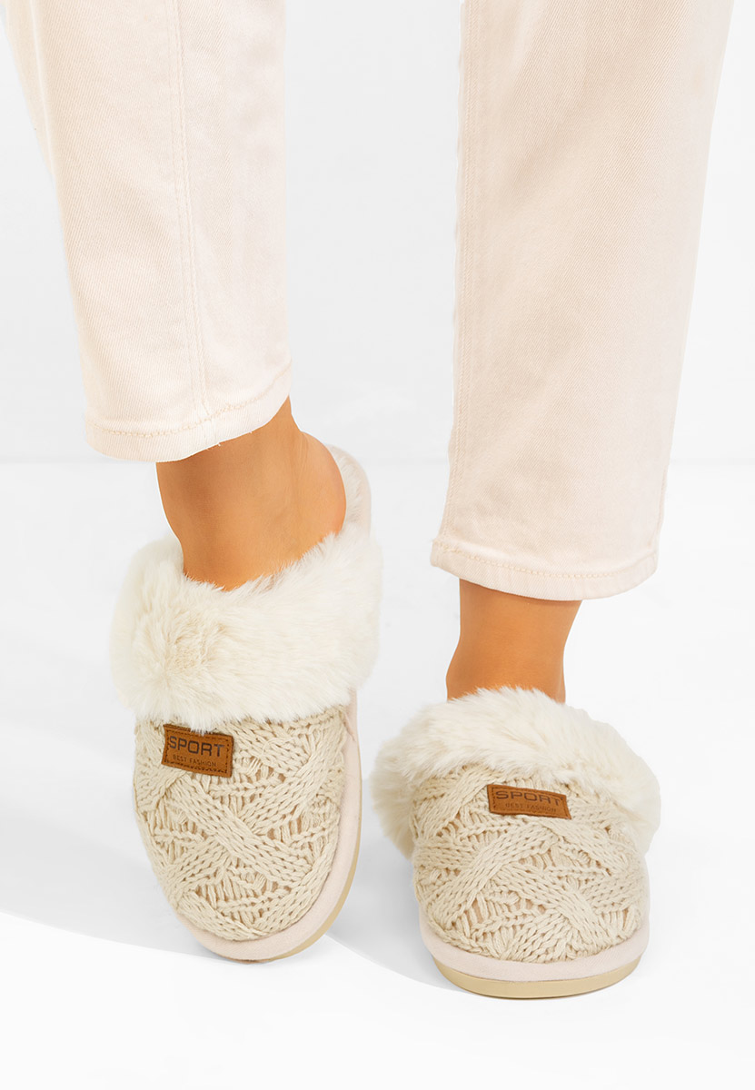 Beżowe kapcie z futerkiem Ginesa