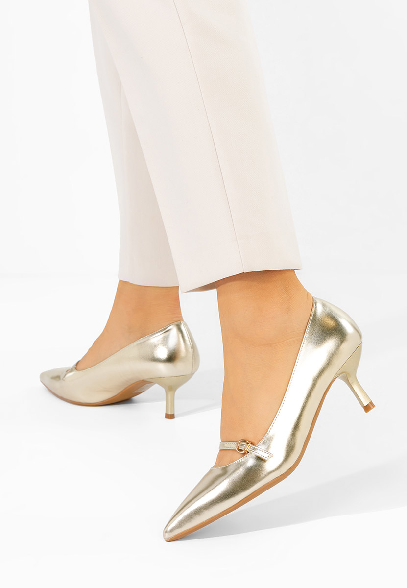 Złote szpilki na niskim obcasie Rilora