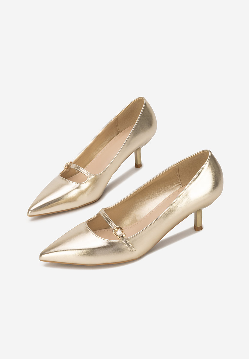 Złote szpilki na niskim obcasie Rilora