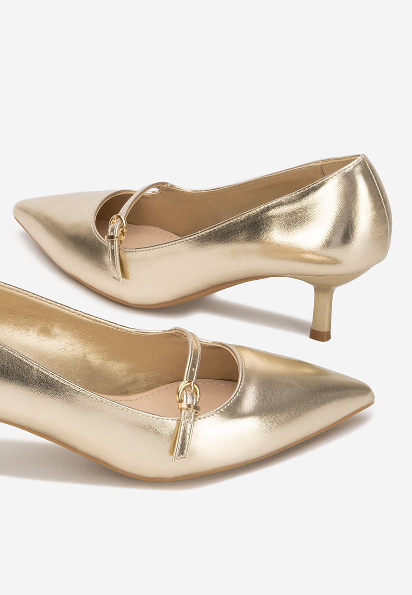 Złote szpilki na niskim obcasie Rilora