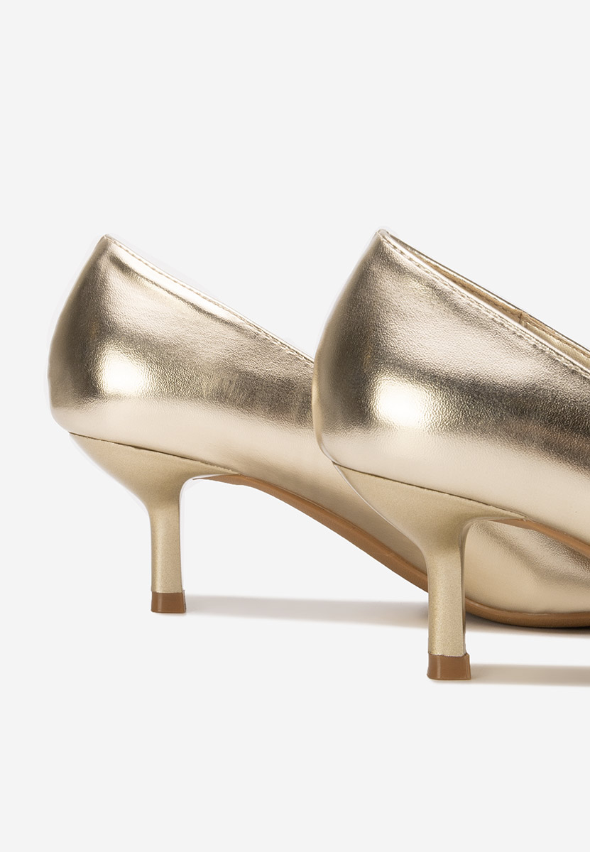 Złote szpilki na niskim obcasie Rilora