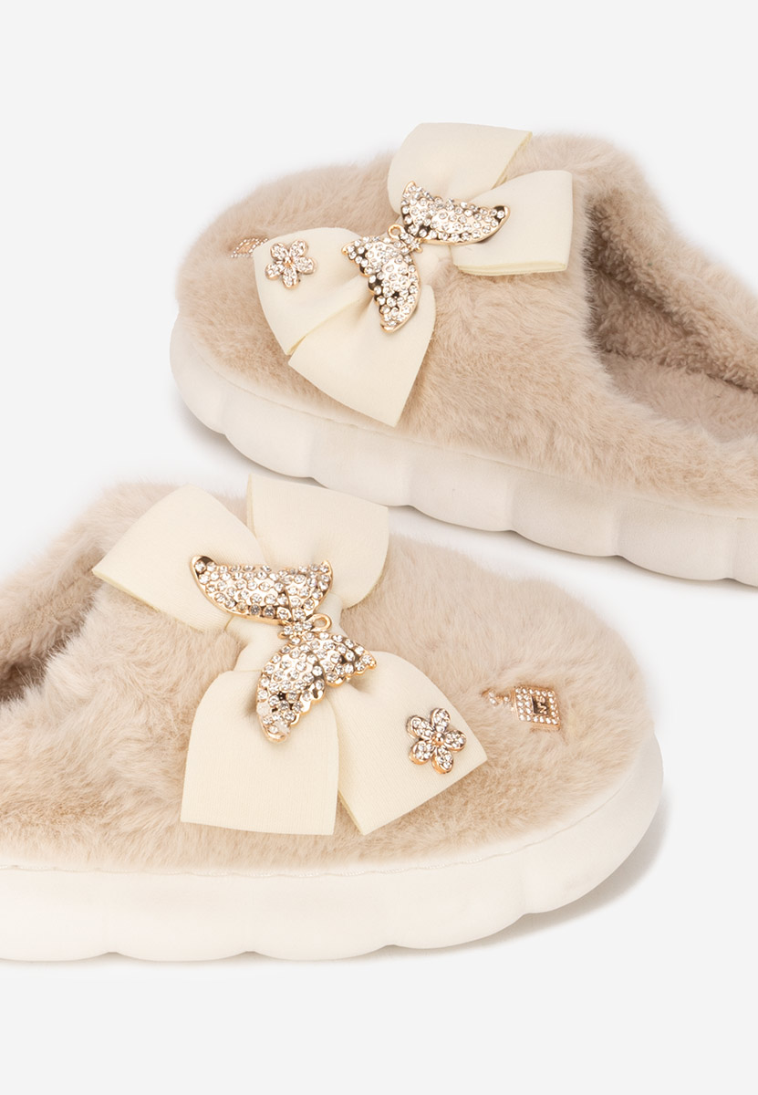 Beżowe kapcie z futerkiem Solenis