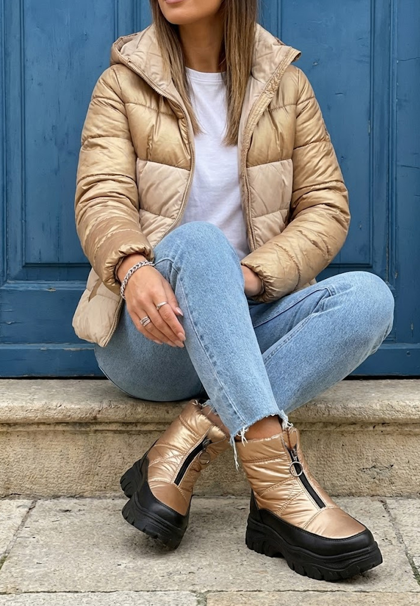 Złote śniegowce damskie Fergie