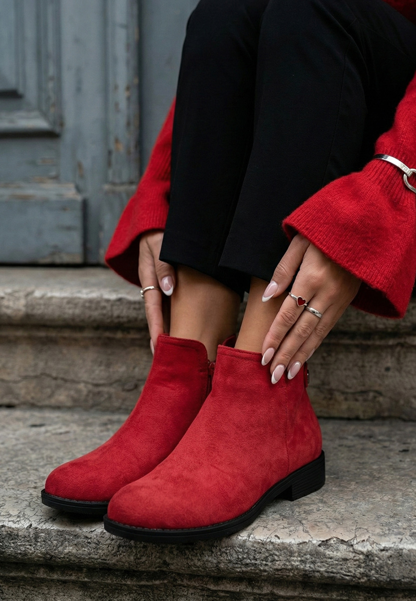 Czerwone botki damskie płaskie Rimina V2
