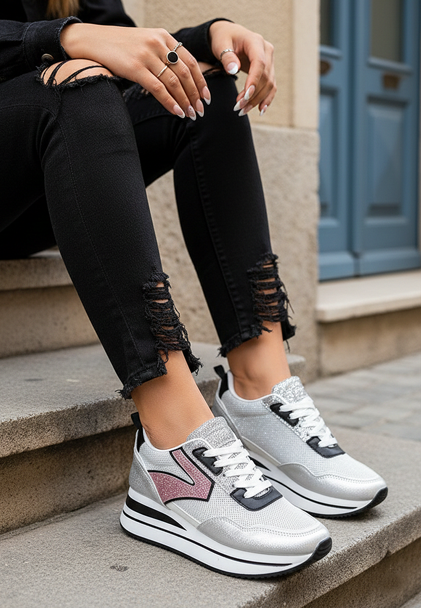 Srebrne sneakersy damskie na koturnie Tarika