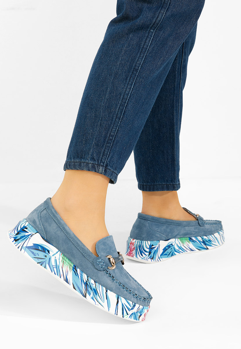 Niebieskie mokasyny skórzane na grubej podeszwie Tanielia