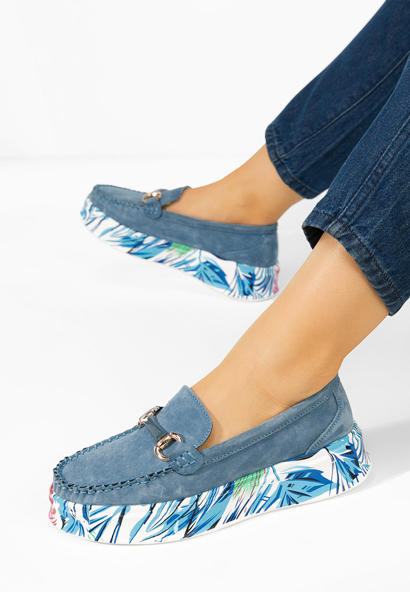 Niebieskie mokasyny skórzane na grubej podeszwie Tanielia