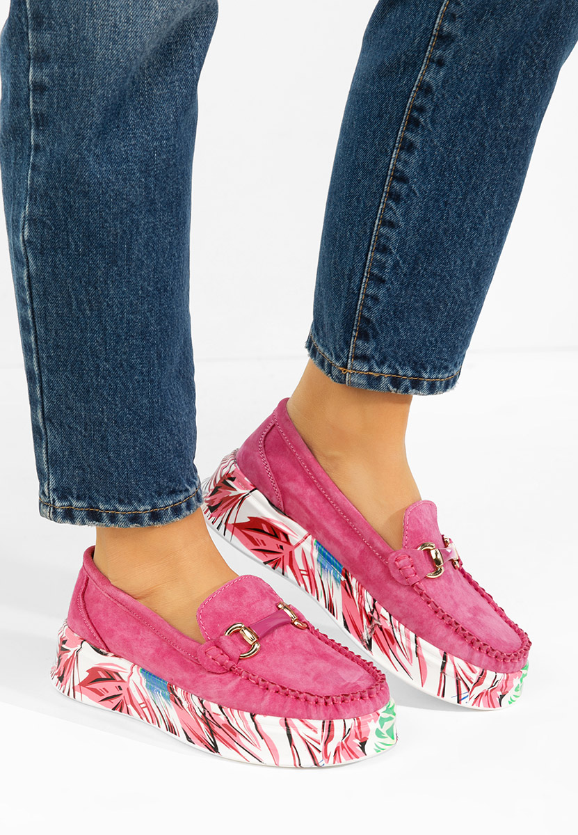 Fuksjowe mokasyny skórzane na grubej podeszwie Tanielia