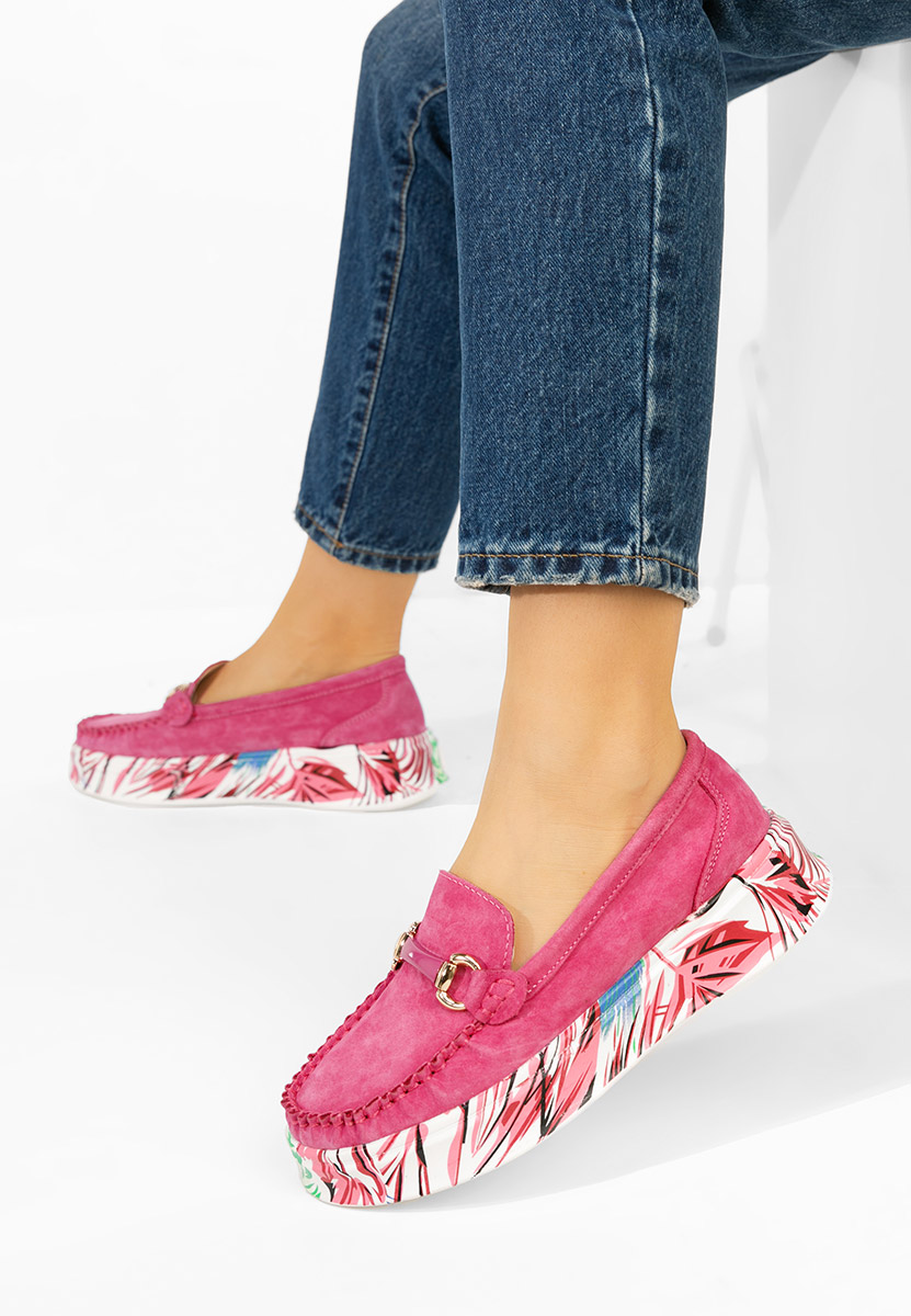 Fuksjowe mokasyny skórzane na grubej podeszwie Tanielia