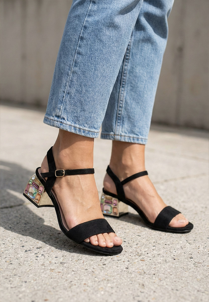 Czarne sandały na słupku Adreena