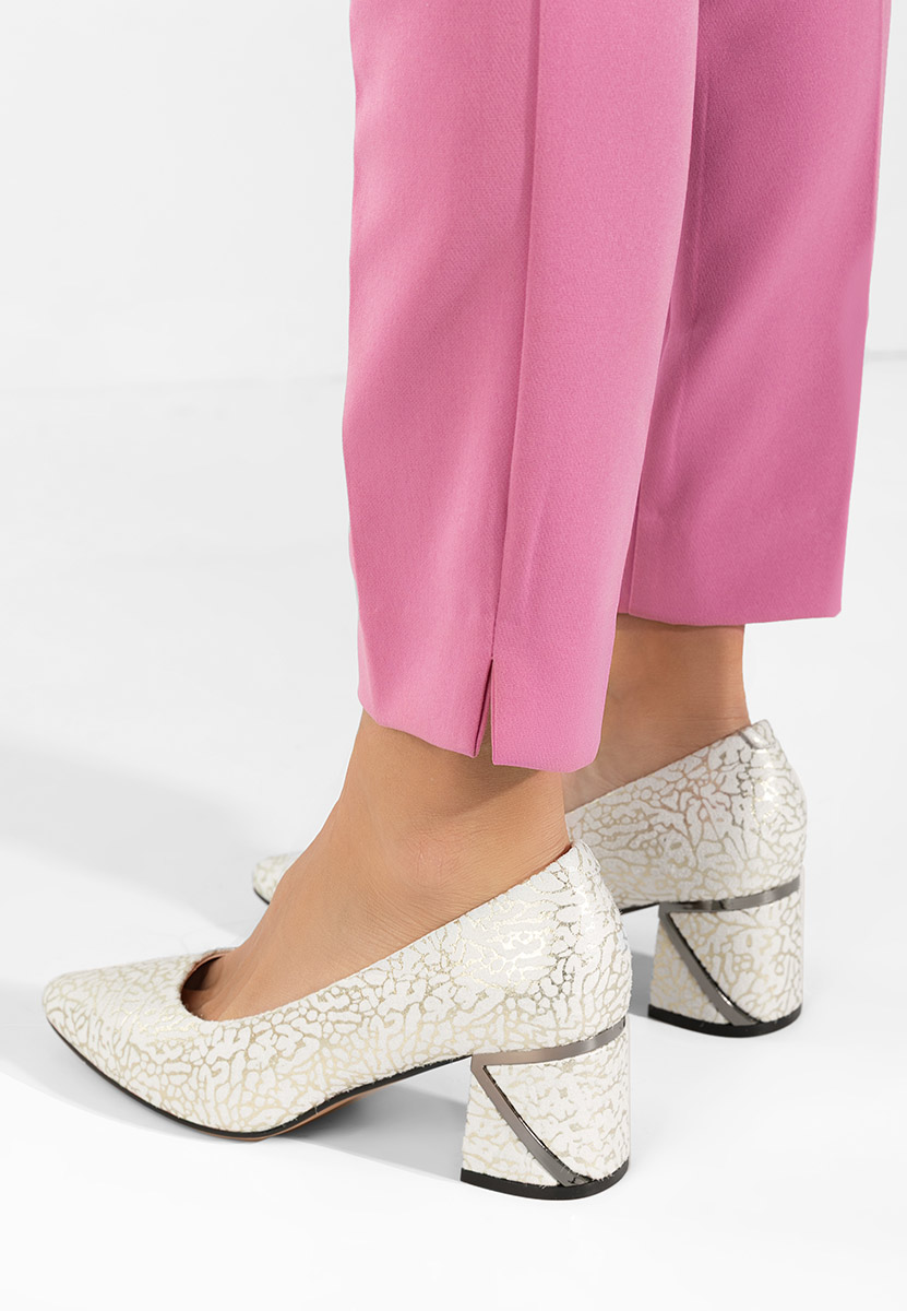 Srebrne czółenka na słupku skórzane Esperanta