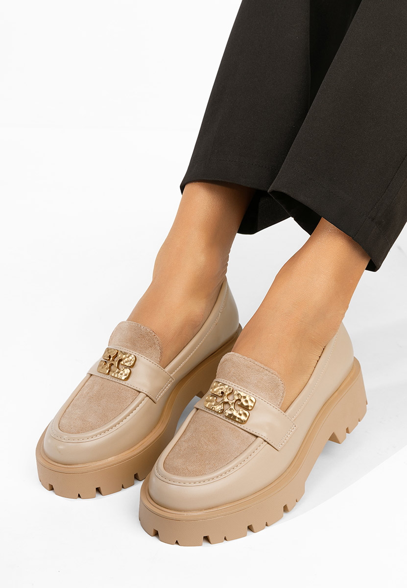 Khaki mokasyny na grubej podeszwie Karamela