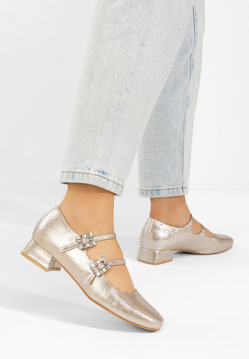 Złote czółenka na niskim obcasie Hrida