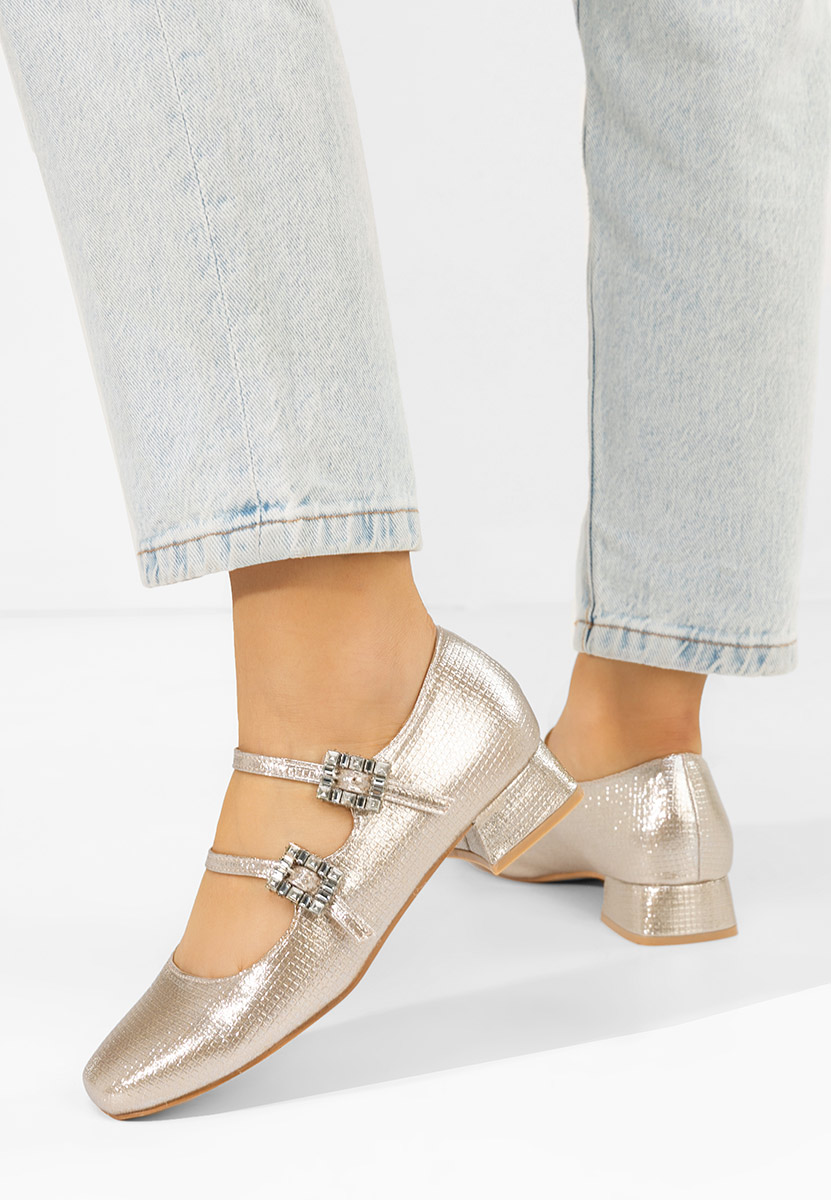 Złote czółenka na niskim obcasie Hrida