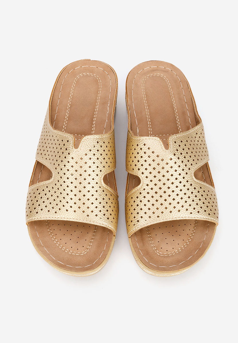 Złote klapki na koturnie Hermana