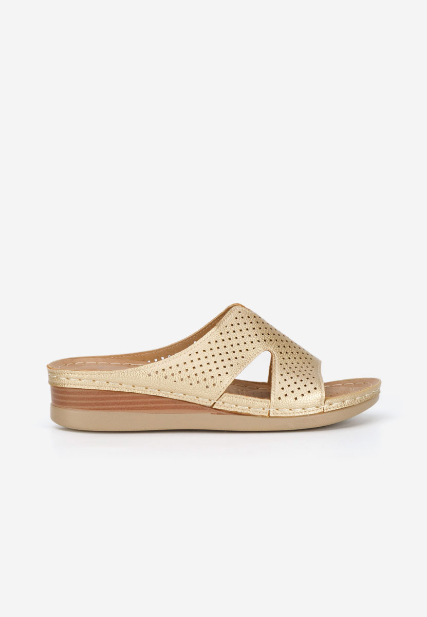 Złote klapki na koturnie Hermana