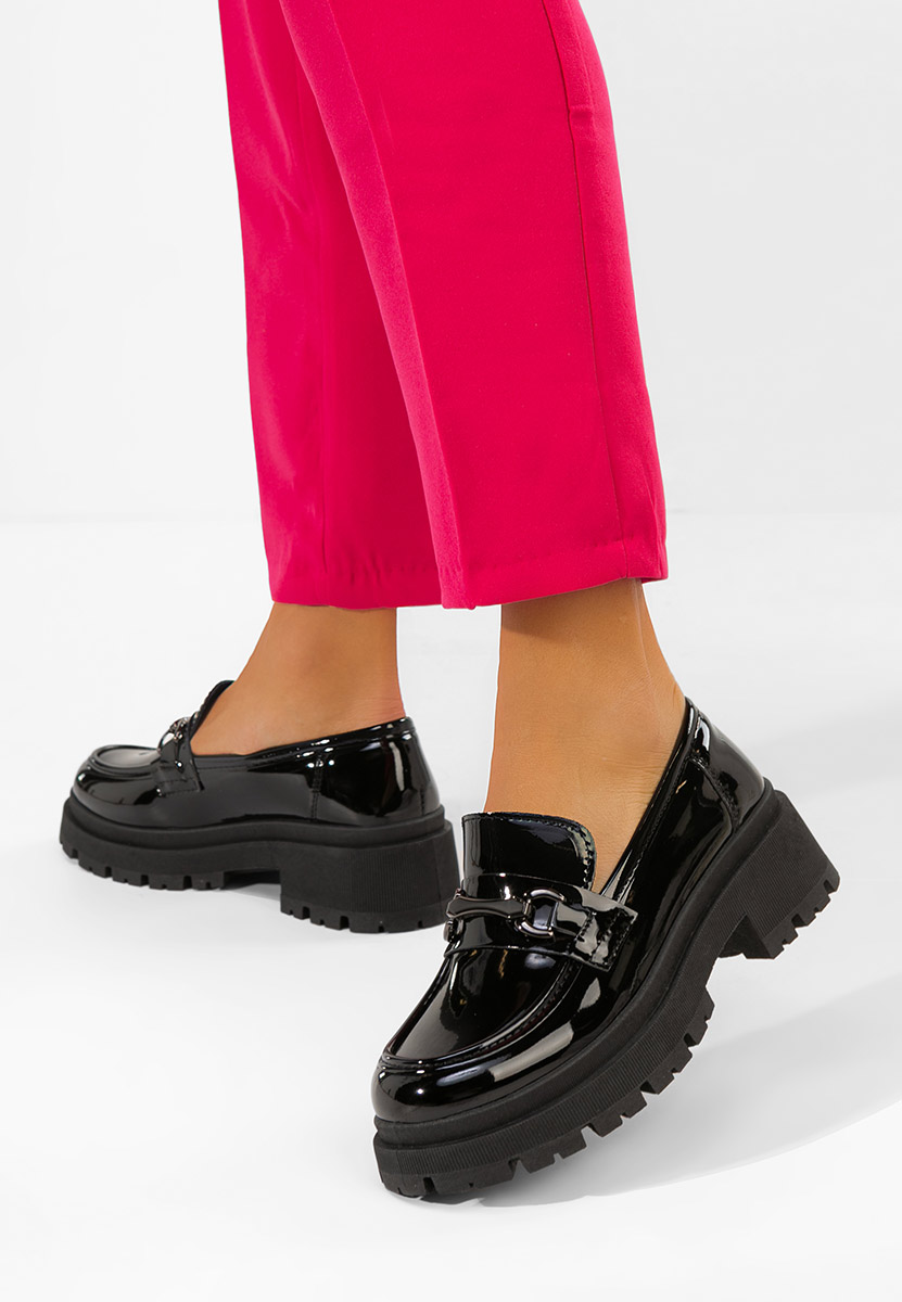 Czarne mokasyny damskie na grubej podeszwie Elssia