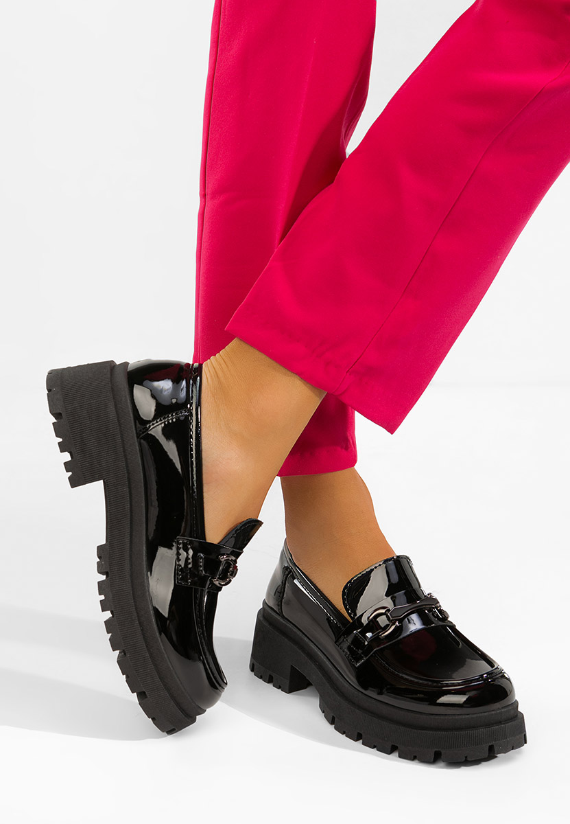 Czarne mokasyny damskie na grubej podeszwie Elssia