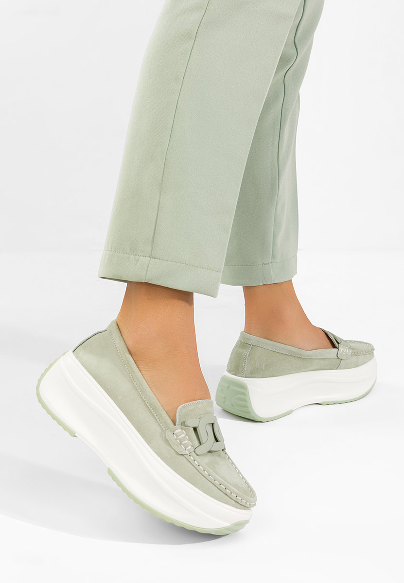 Zielone mokasyny skórzane na grubej podeszwie Mivea