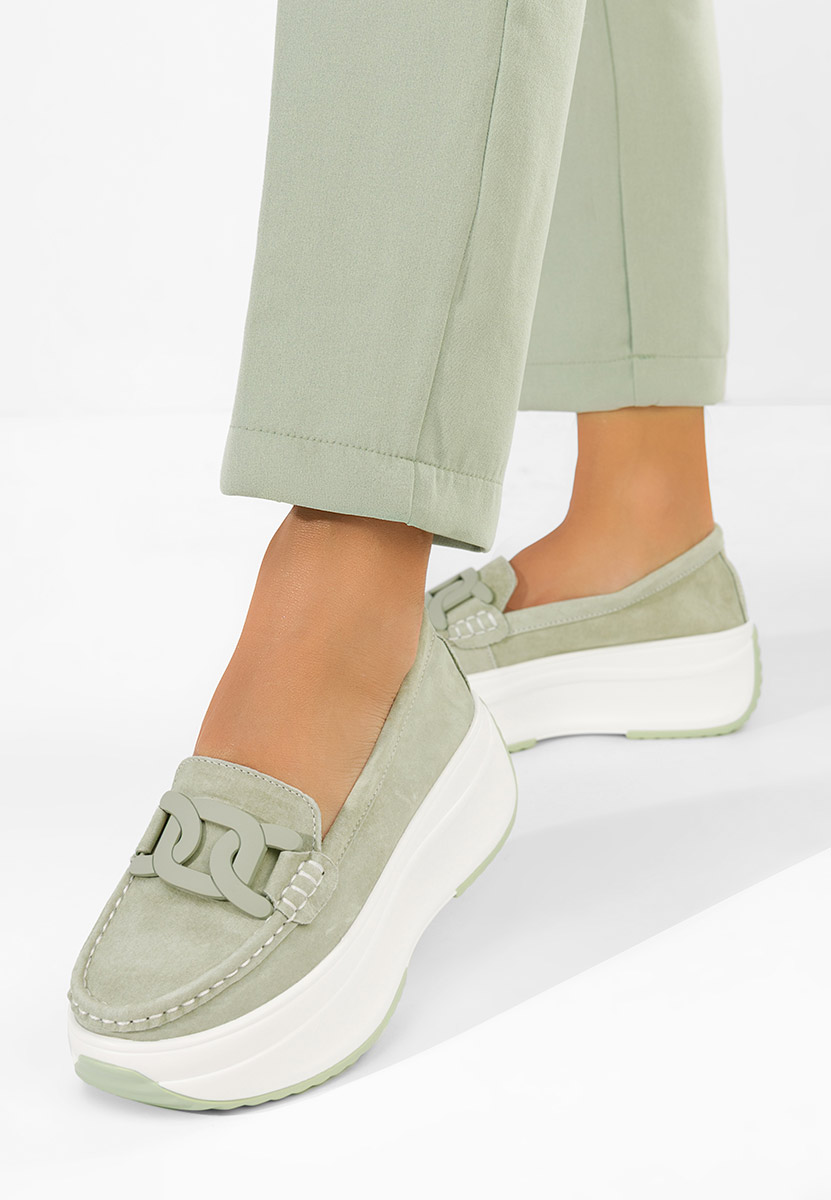 Zielone mokasyny skórzane na grubej podeszwie Mivea