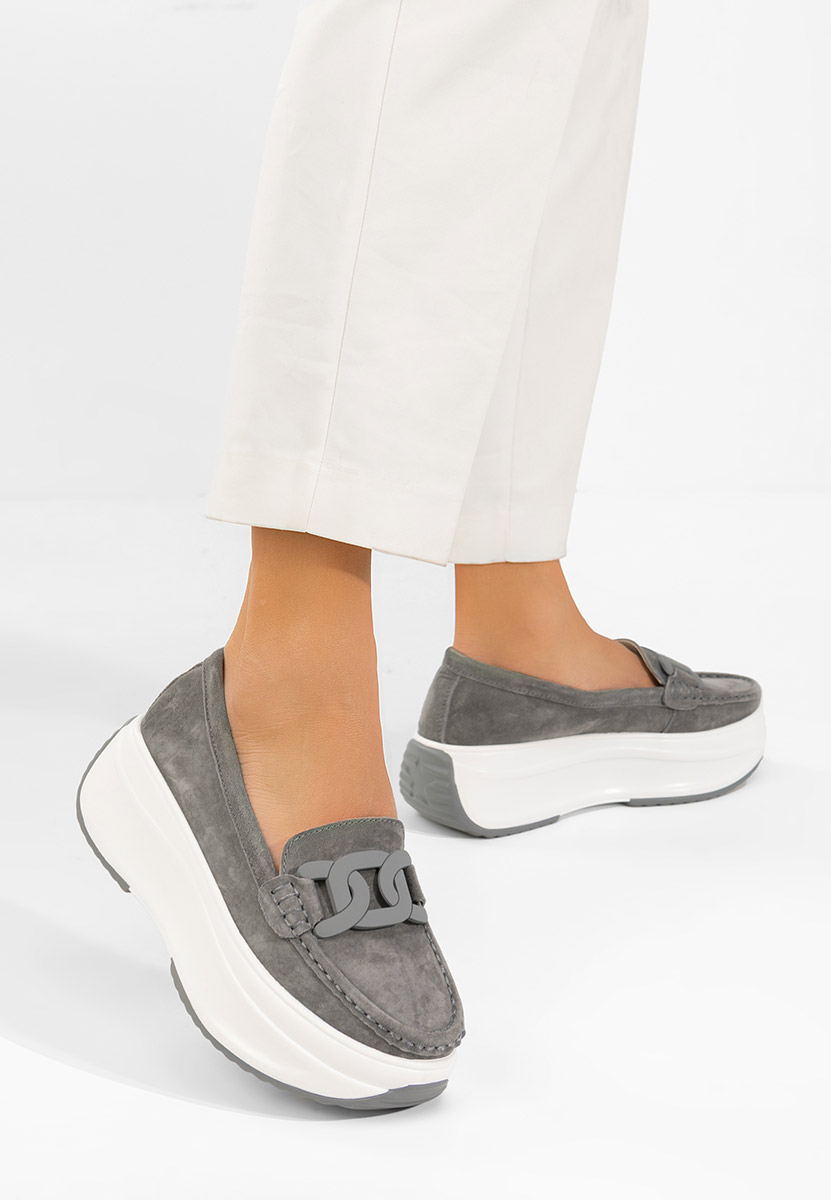 Szare mokasyny skórzane na grubej podeszwie Mivea