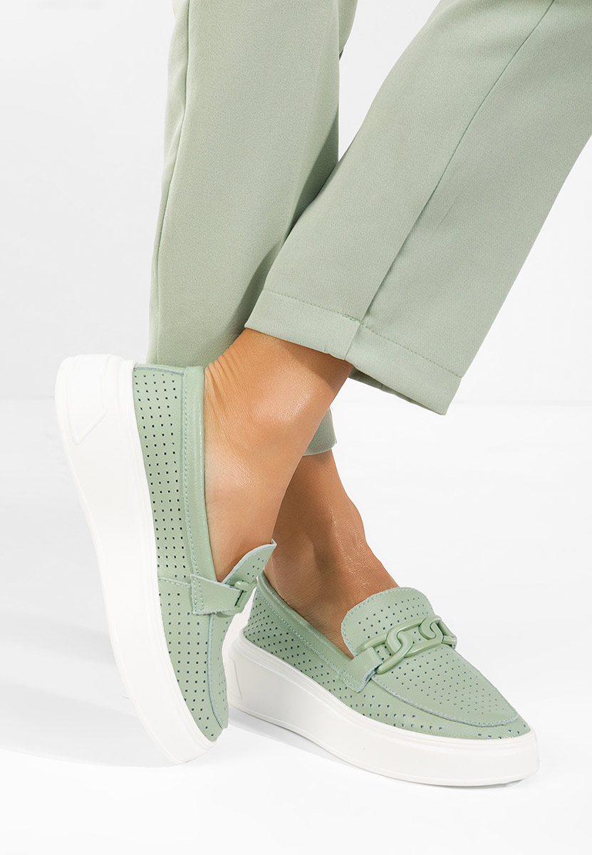 Zielone mokasyny skórzane na grubej podeszwie Valerina