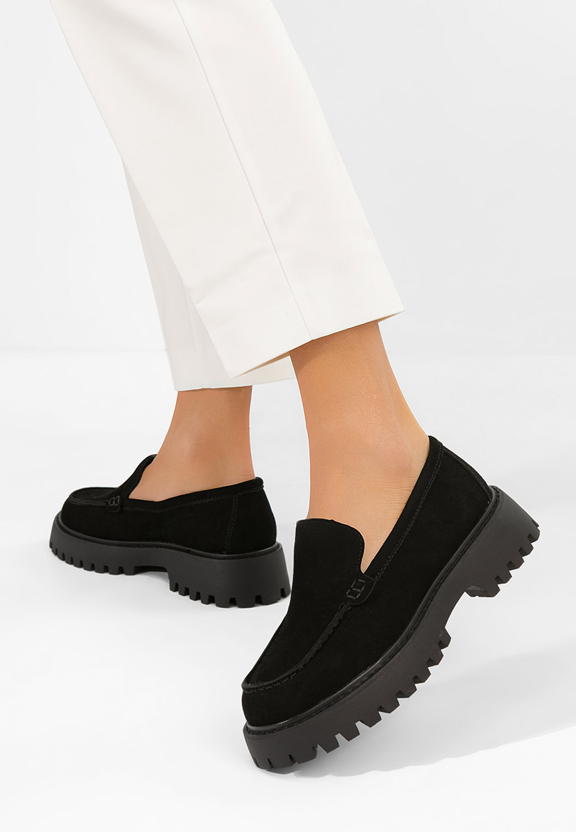 Czarne mokasyny damskie na grubej podeszwie Analeia
