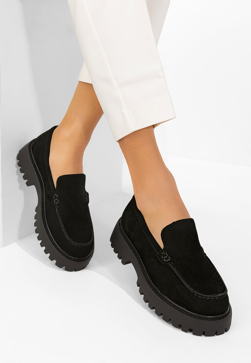 Czarne mokasyny damskie na grubej podeszwie Analeia