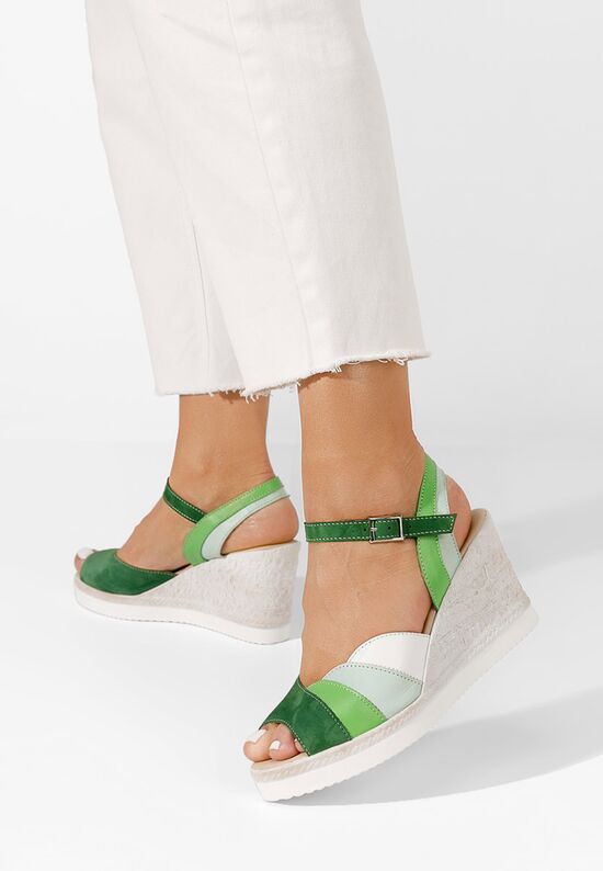 Zielone sandały na koturnie skórzane Irvina, Rozmiary: 39 - zapatos