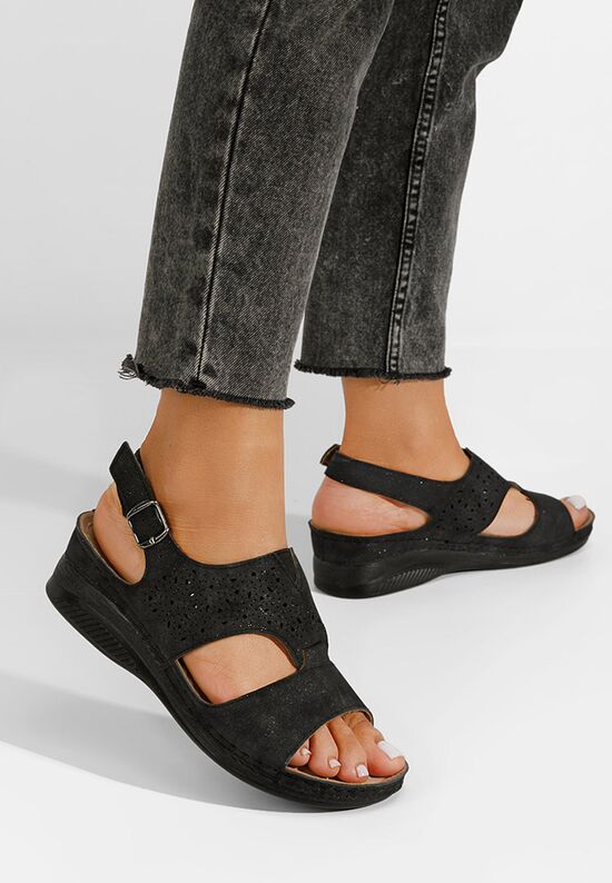 Czarne sandały na niskim koturnie Linza, Rozmiary: 38 - zapatos